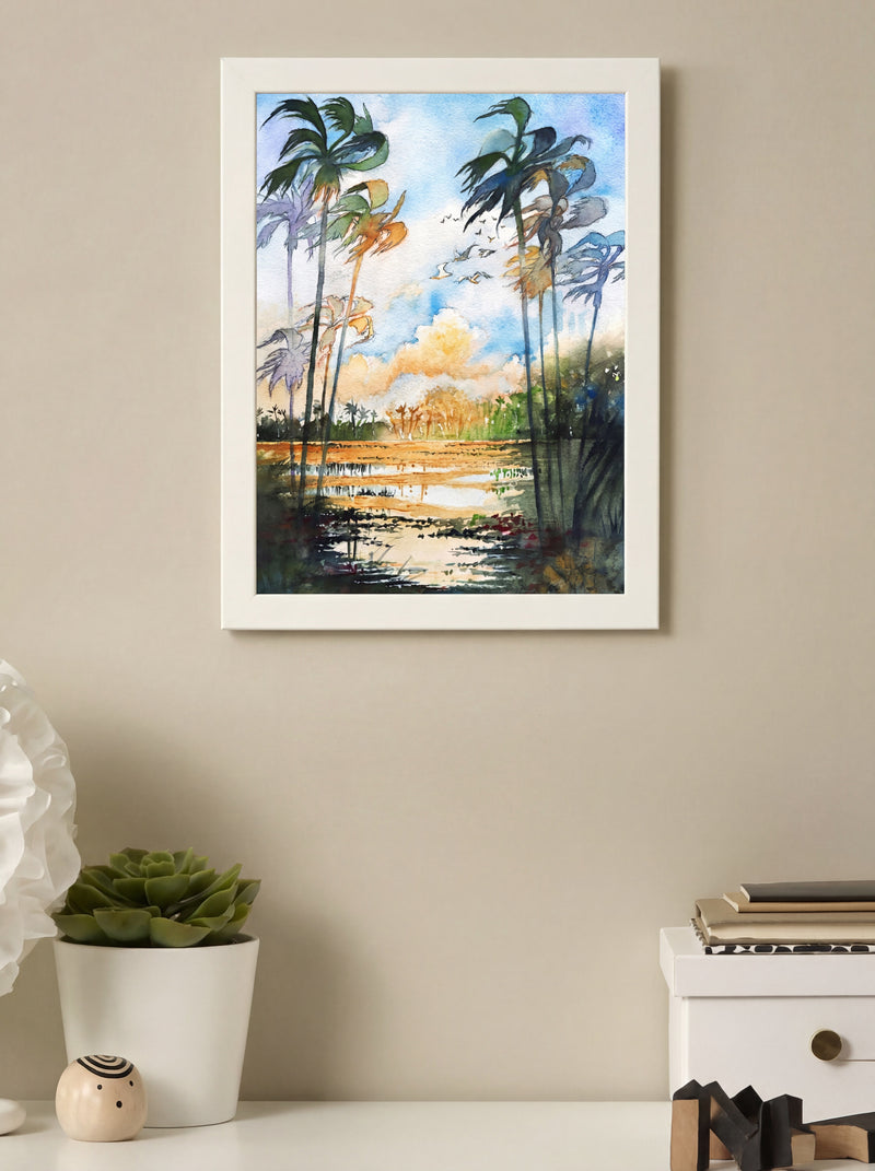 Tropical Palms & Golden Light – Watercolor Wall Art