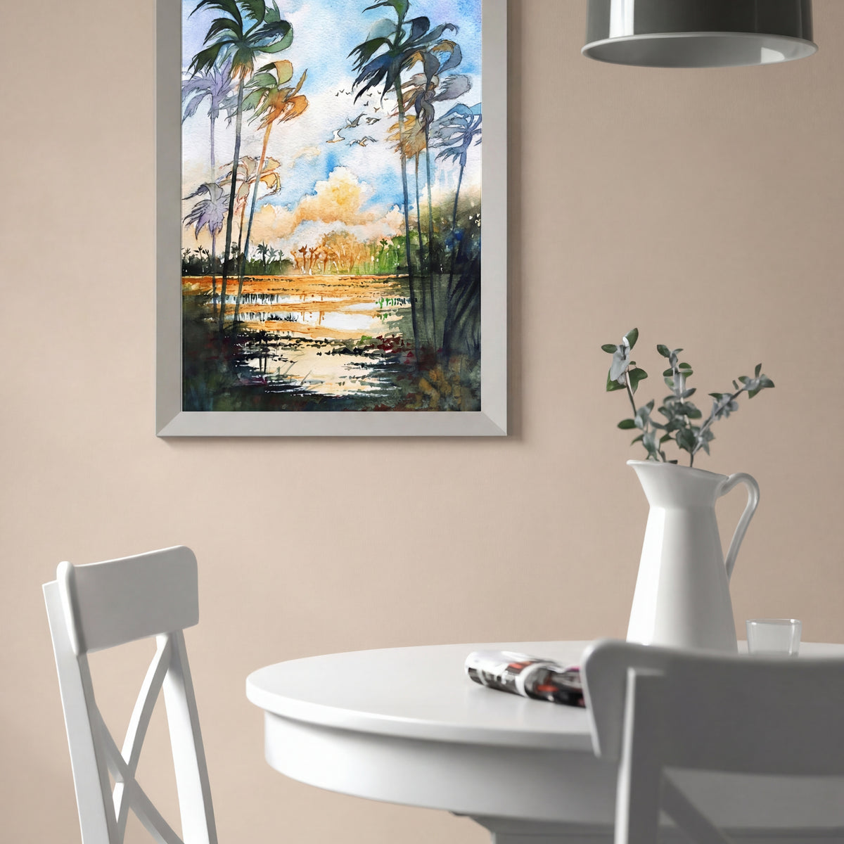 Tropical Palms & Golden Light – Watercolor Wall Art
