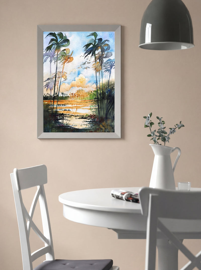 Tropical Palms & Golden Light – Watercolor Wall Art