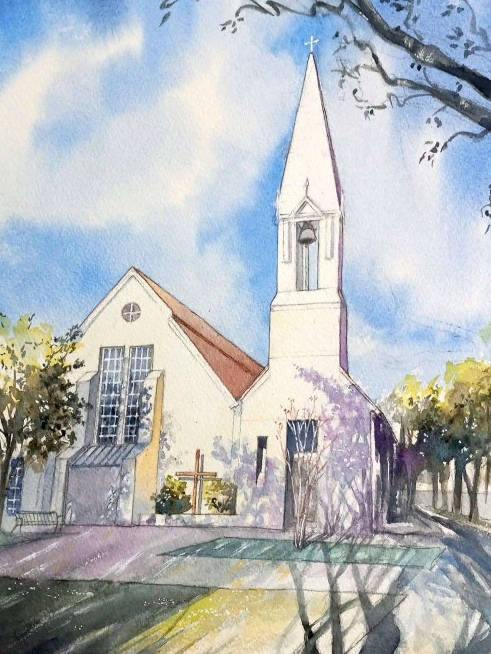 Watercolor painting of the Presbyterian Church in Celebration Florida with white steeple and soft morning light