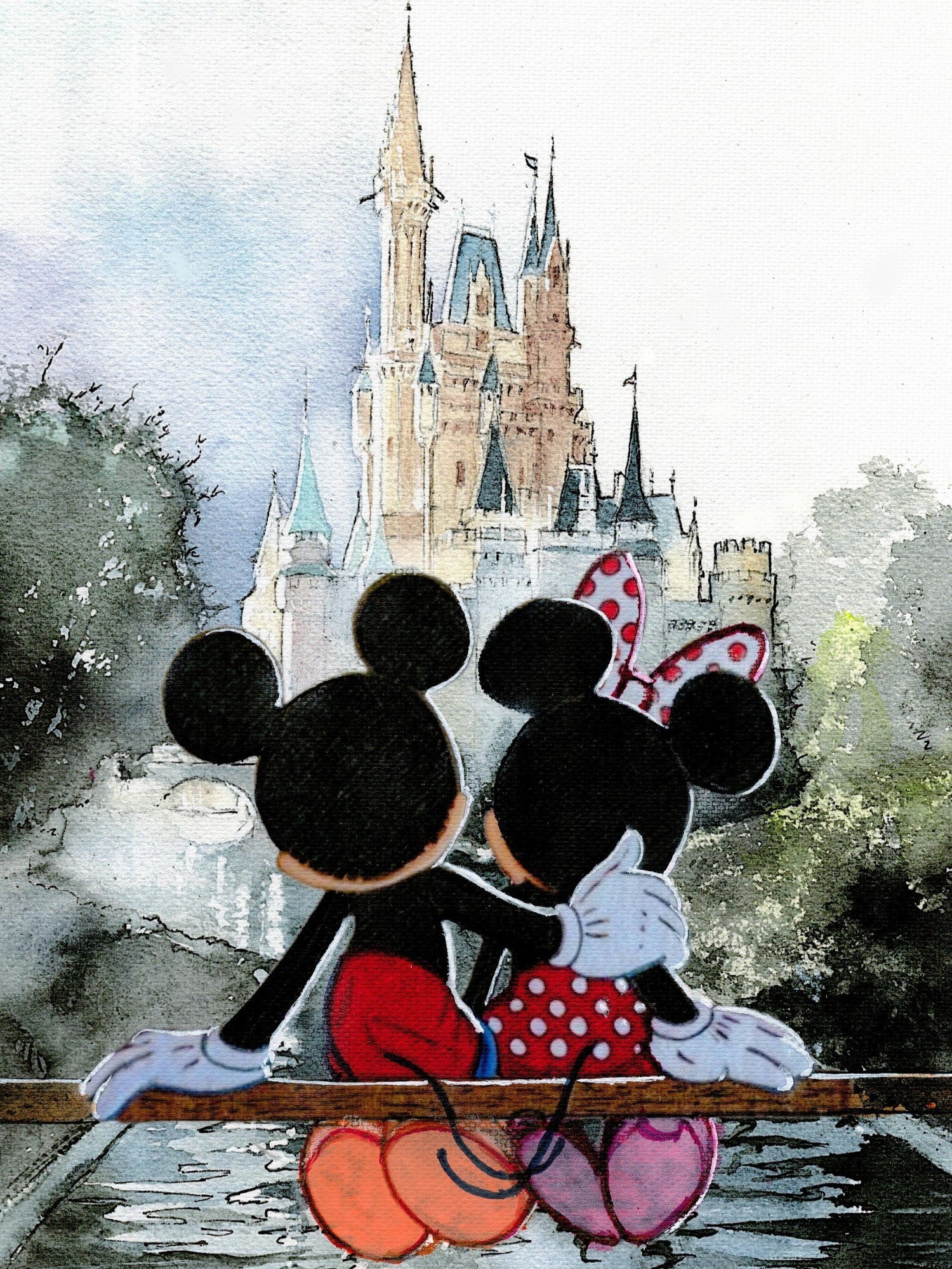 Romantic watercolor illustration of two iconic mouse-shaped silhouettes sitting on a bench facing a fairytale castle