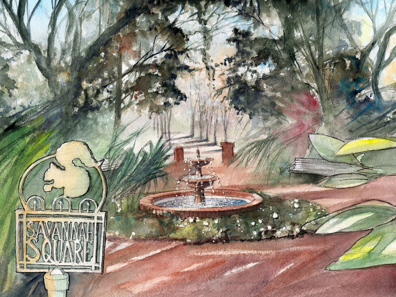 Watercolor painting of Savannah Square in Celebration Florida featuring a central fountain, garden paths, trees, and the iconic squirrel sign.