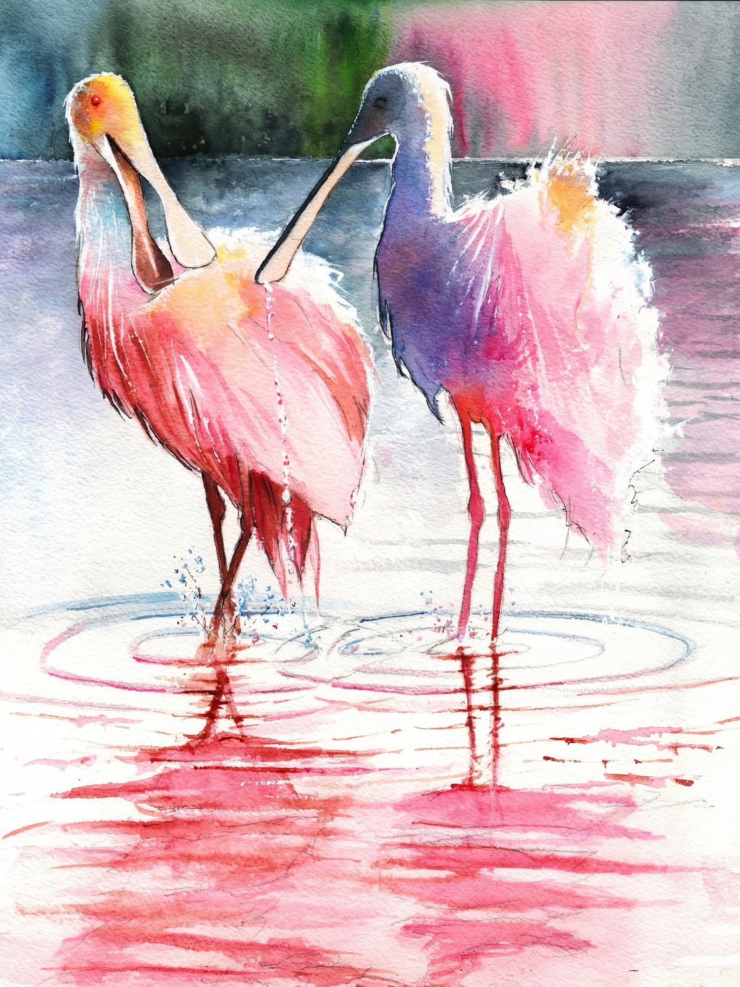 Roseate Spoonbills Duo – Watercolor Art Print