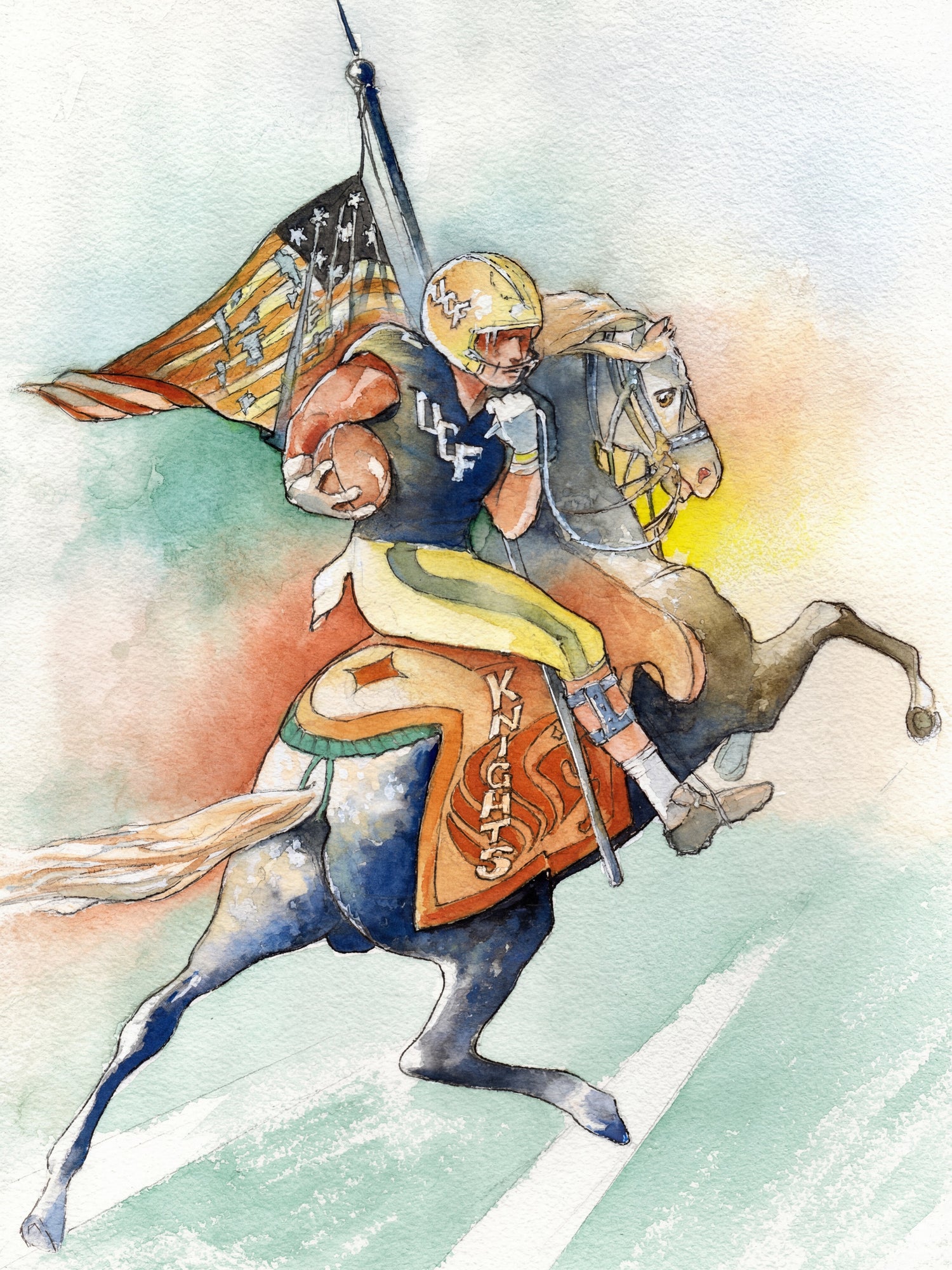 Watercolor painting of the UCF Knights mascot riding a horse with the American flag, symbolizing University of Central Florida pride