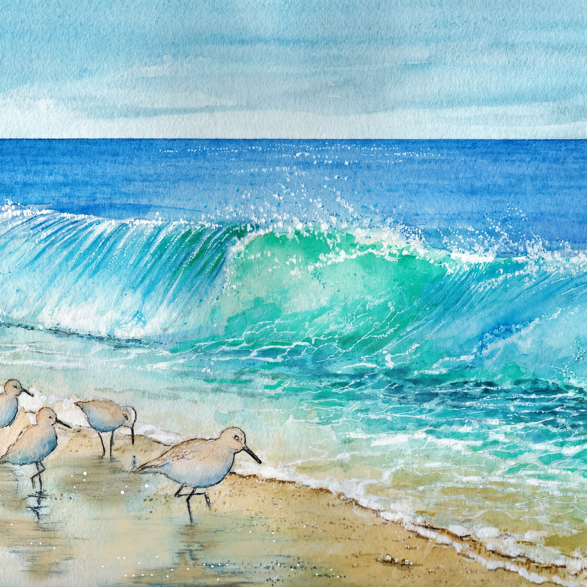 Coastal Waves & Sandpipers – Watercolor Art Print