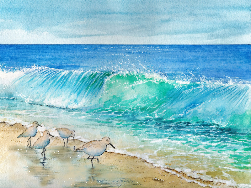 Coastal Waves & Sandpipers – Watercolor Art Print