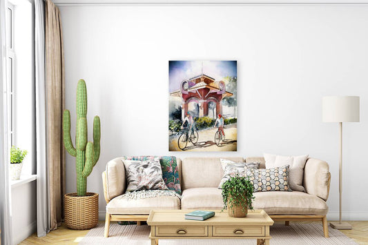 Cyclists at the Winter Garden Clock Tower – Watercolor Art Print