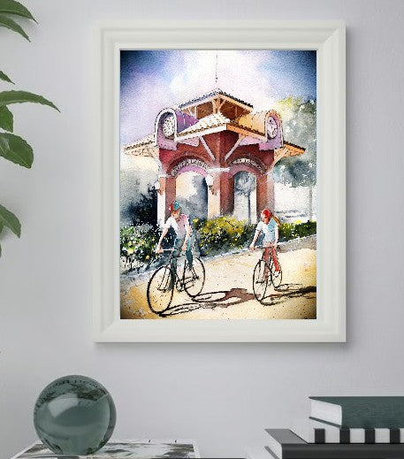 Cyclists at the Winter Garden Clock Tower – Watercolor Art Print
