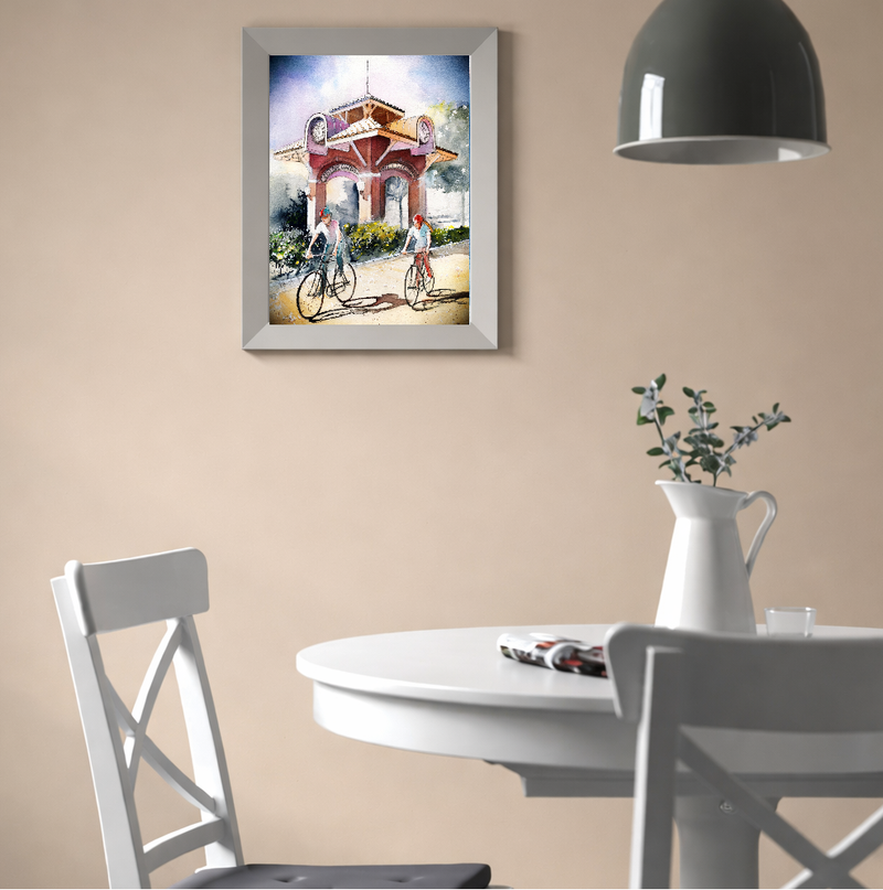 Cyclists at the Winter Garden Clock Tower – Watercolor Art Print