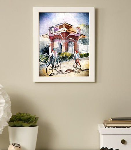 Cyclists at the Winter Garden Clock Tower – Watercolor Art Print