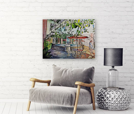 Winter Garden Courtyard Fountain – Original Watercolor Art Print