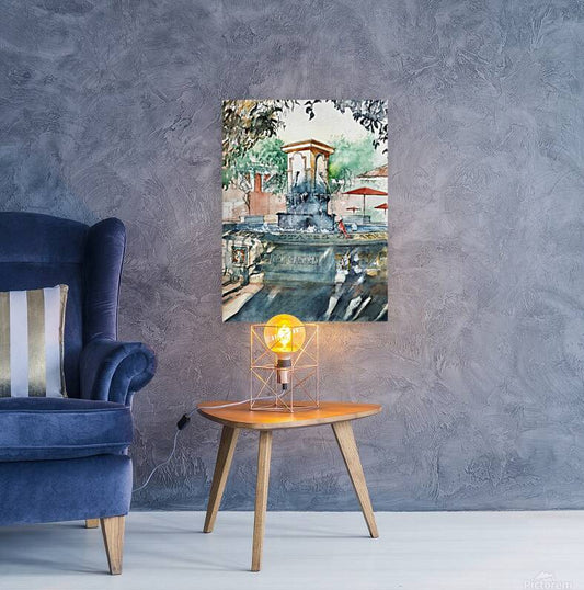 Winter Garden Fountain – Watercolor Art Print