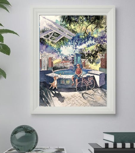 Winter Garden Fountain Under Wisteria – Original Watercolor Print