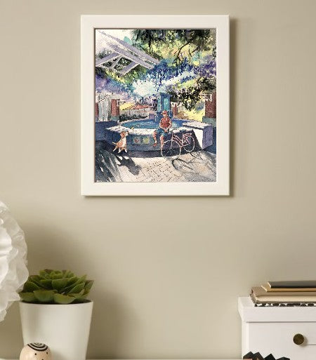 Winter Garden Fountain Under Wisteria – Original Watercolor Print