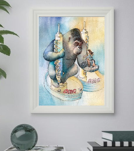 Framed artwork of a gorilla with syringes on a beach, displayed on a wall.