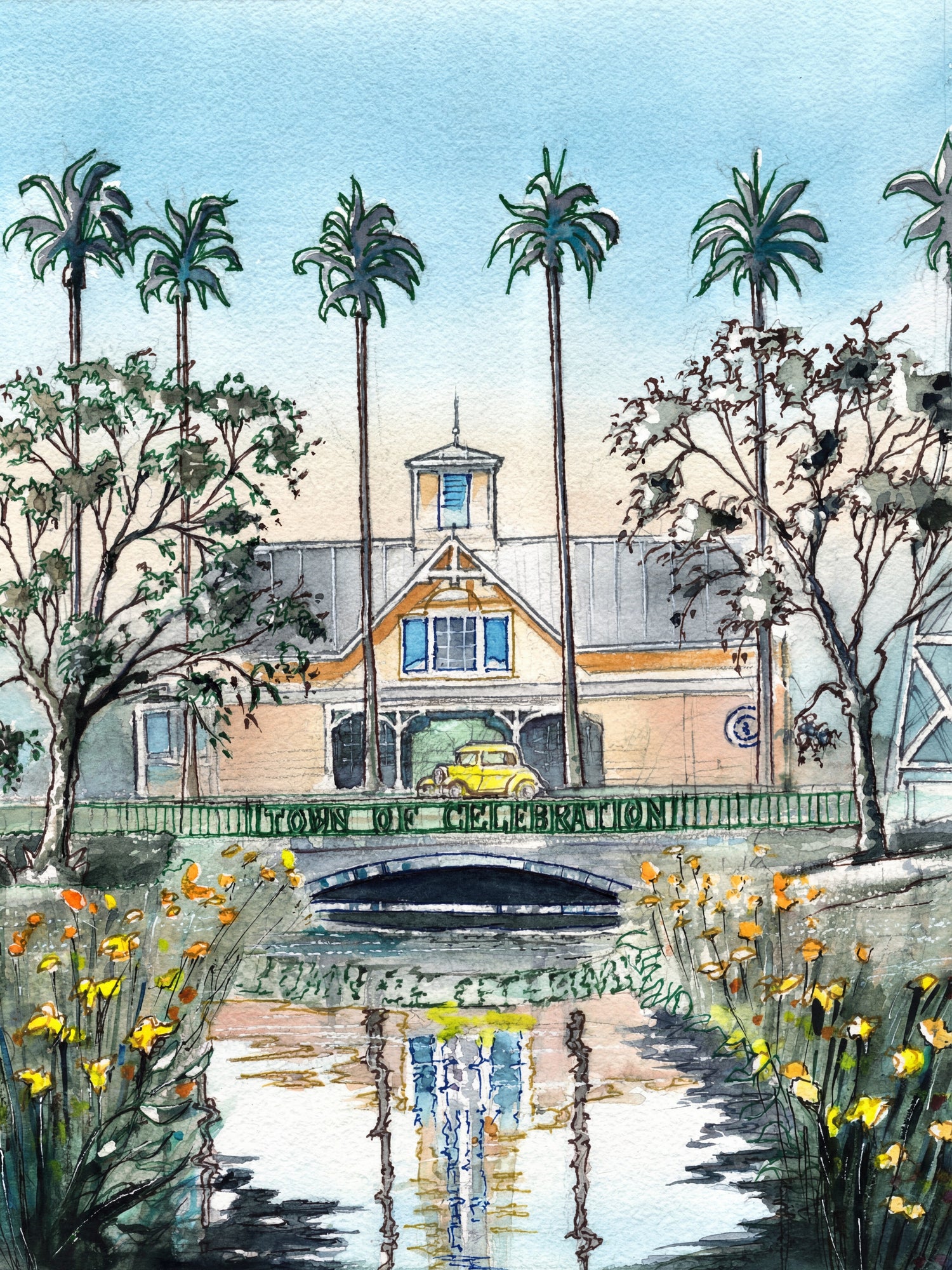 Water Street Celebration Florida watercolor painting with palm trees, bridge reflection, and classic architecture