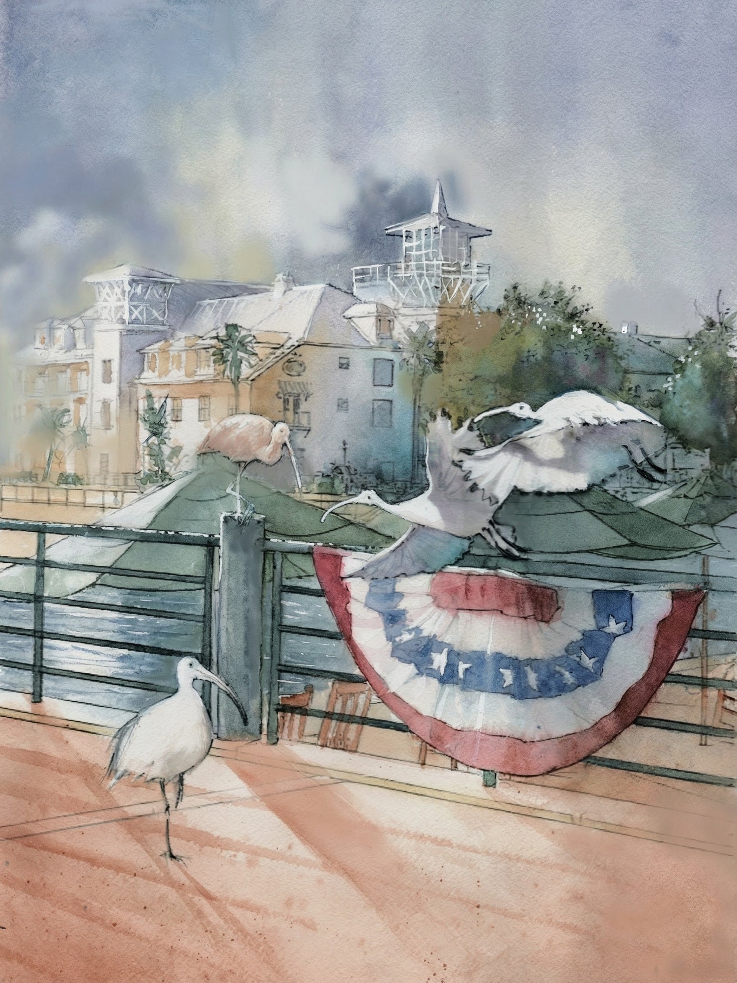 Watercolor painting of Celebration Florida waterfront with white birds and patriotic red white and blue bunting