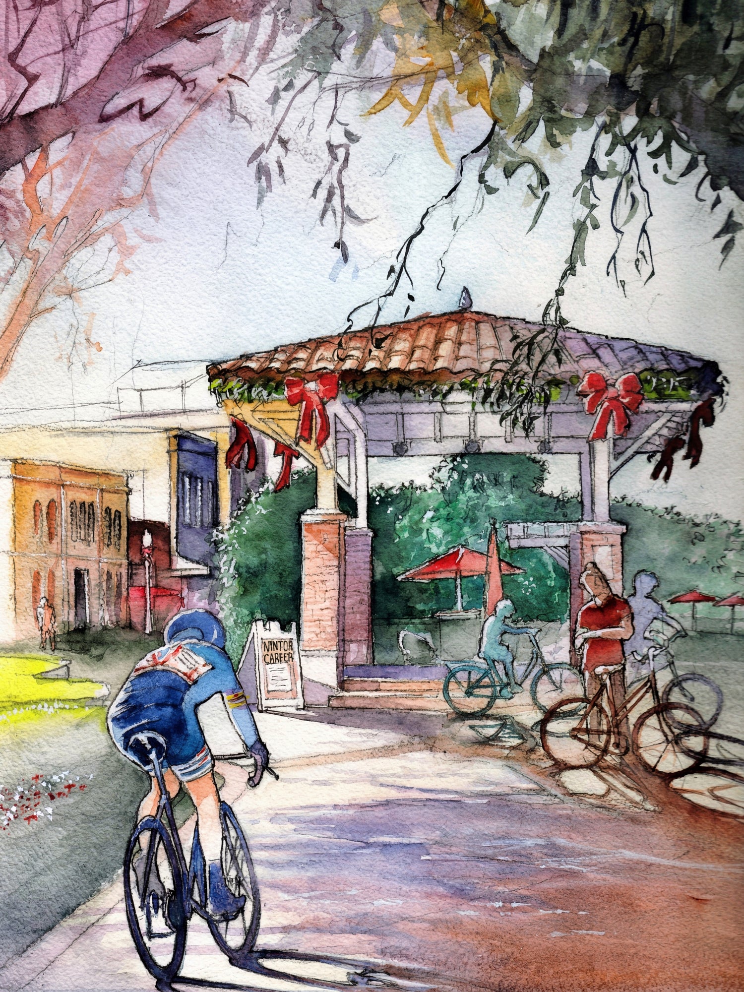 Watercolor painting of a cyclist riding through downtown Winter Garden Florida with historic architecture and trees
