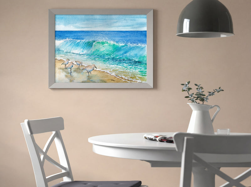 Coastal Waves & Sandpipers – Watercolor Art Print