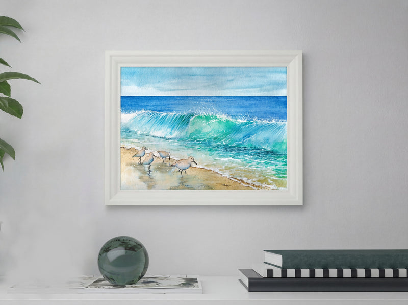 Coastal Waves & Sandpipers – Watercolor Art Print