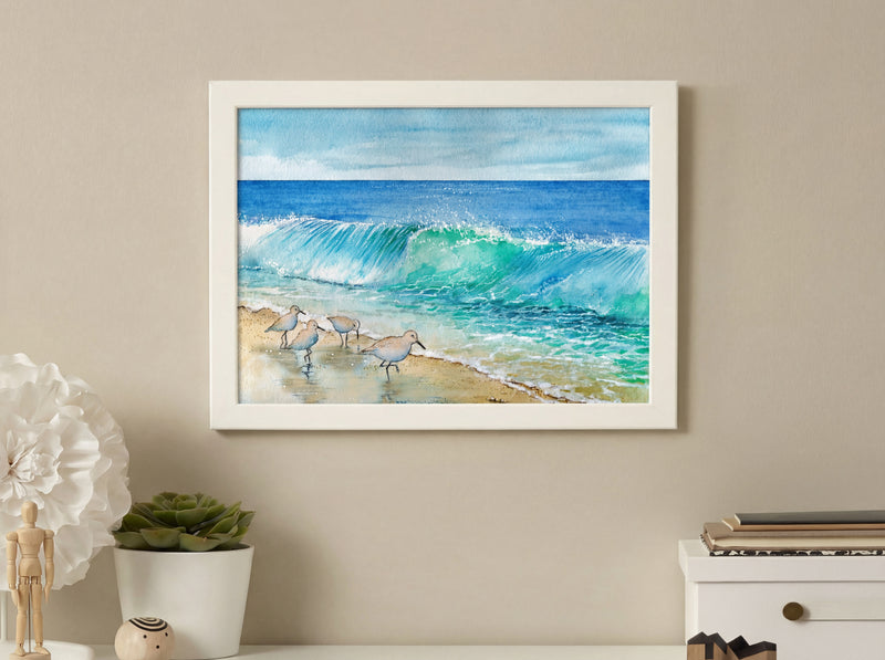 Coastal Waves & Sandpipers – Watercolor Art Print