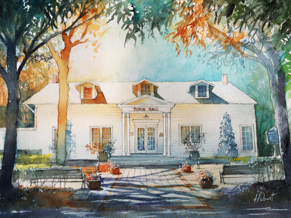 Watercolor painting of Windermere Town Hall in Florida with historic white building, trees, benches, and soft sunlight