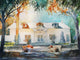 Watercolor painting of Windermere Town Hall in Florida with historic white building, trees, benches, and soft sunlight