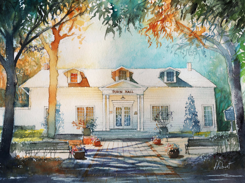Watercolor painting of Windermere Town Hall in Florida with historic white building, trees, benches, and soft sunlight