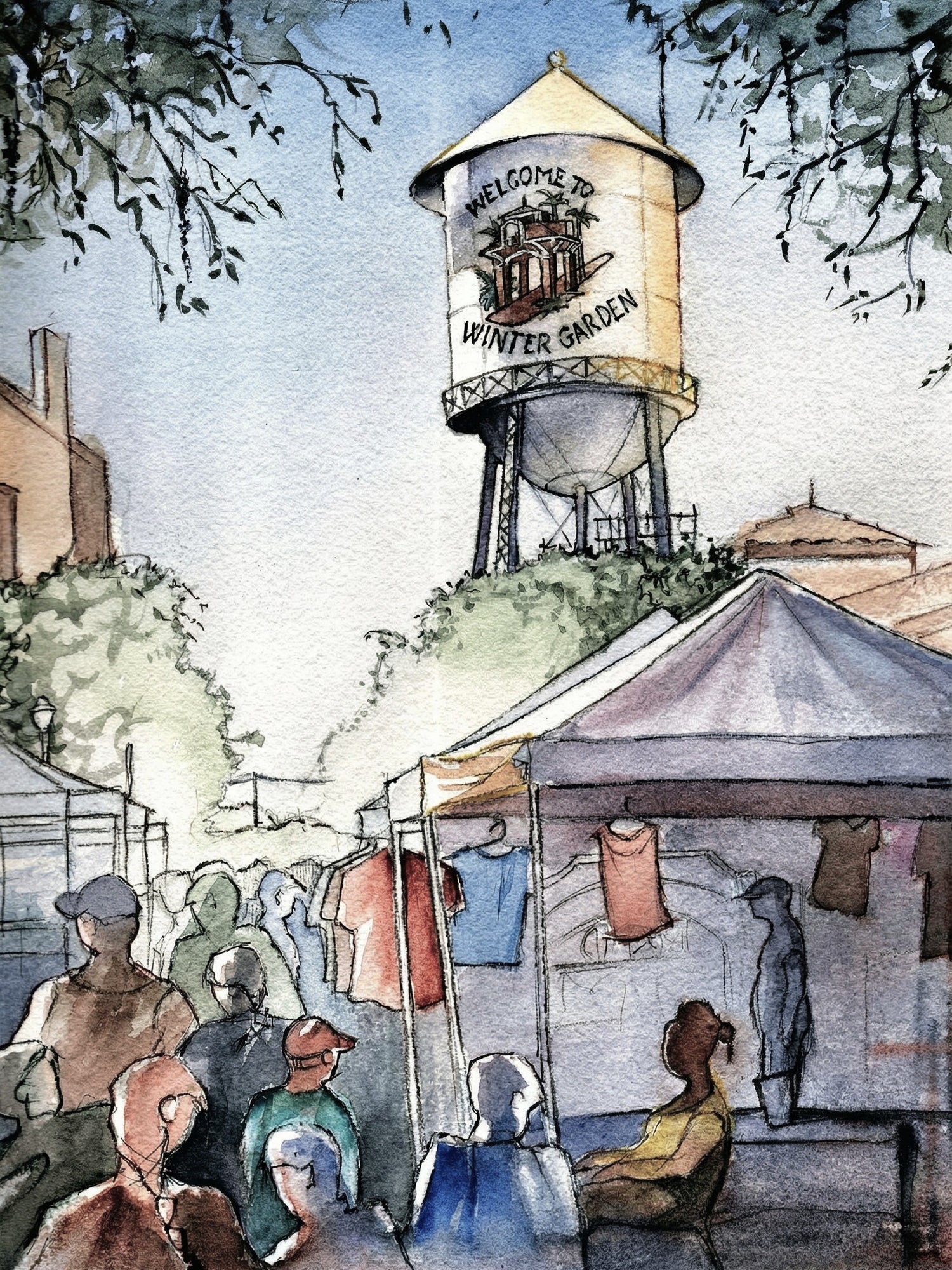 Watercolor painting of the Winter Garden Farmers Market with people, tents, and the iconic Winter Garden water tower in Florida