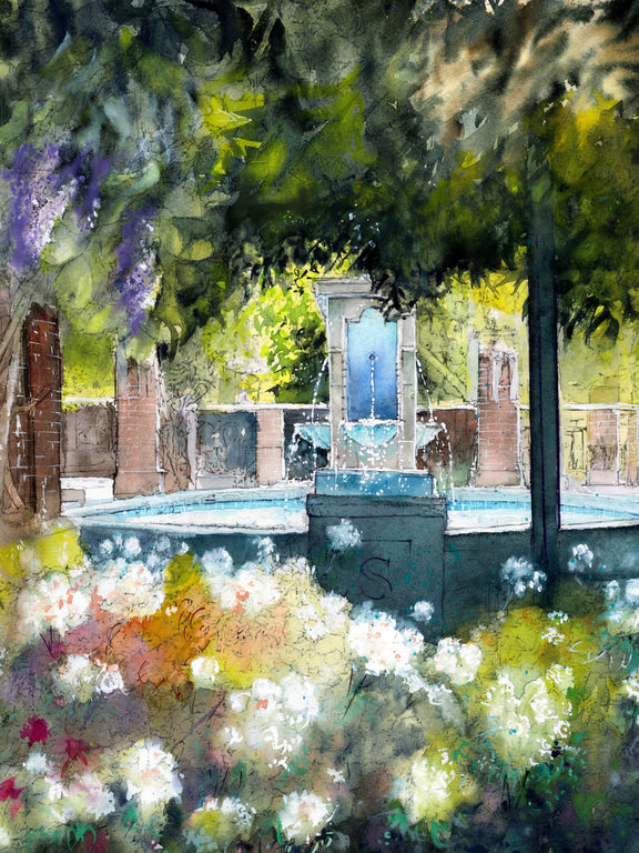 Winter Garden Florida fountain watercolor painting surrounded by trees and flowers, tranquil nature-inspired wall art