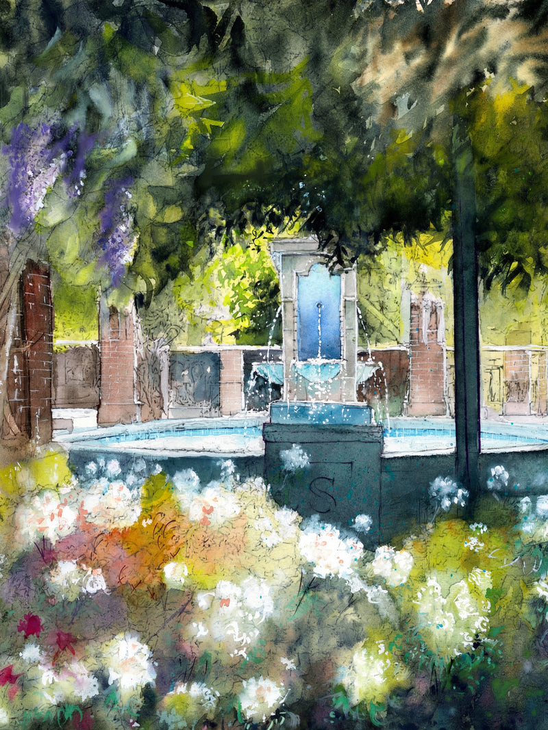 Winter Garden Florida fountain watercolor painting surrounded by trees and flowers, tranquil nature-inspired wall art
