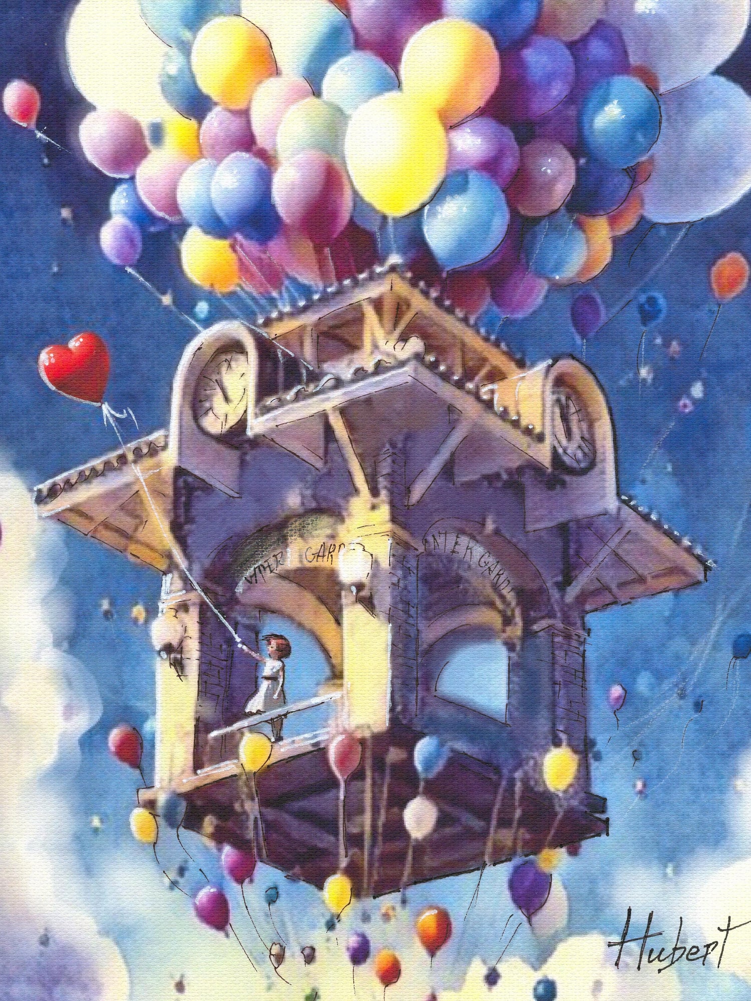 Watercolor painting of a Winter Garden Florida landmark floating in the sky with colorful balloons, whimsical cityscape art print