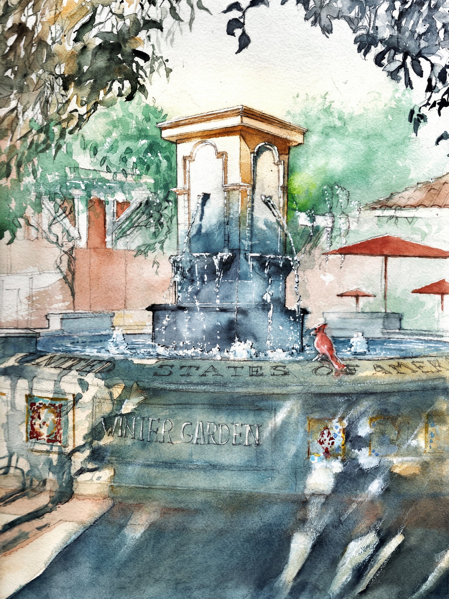 Winter Garden fountain watercolor painting with cascading water and historic downtown Florida architecture