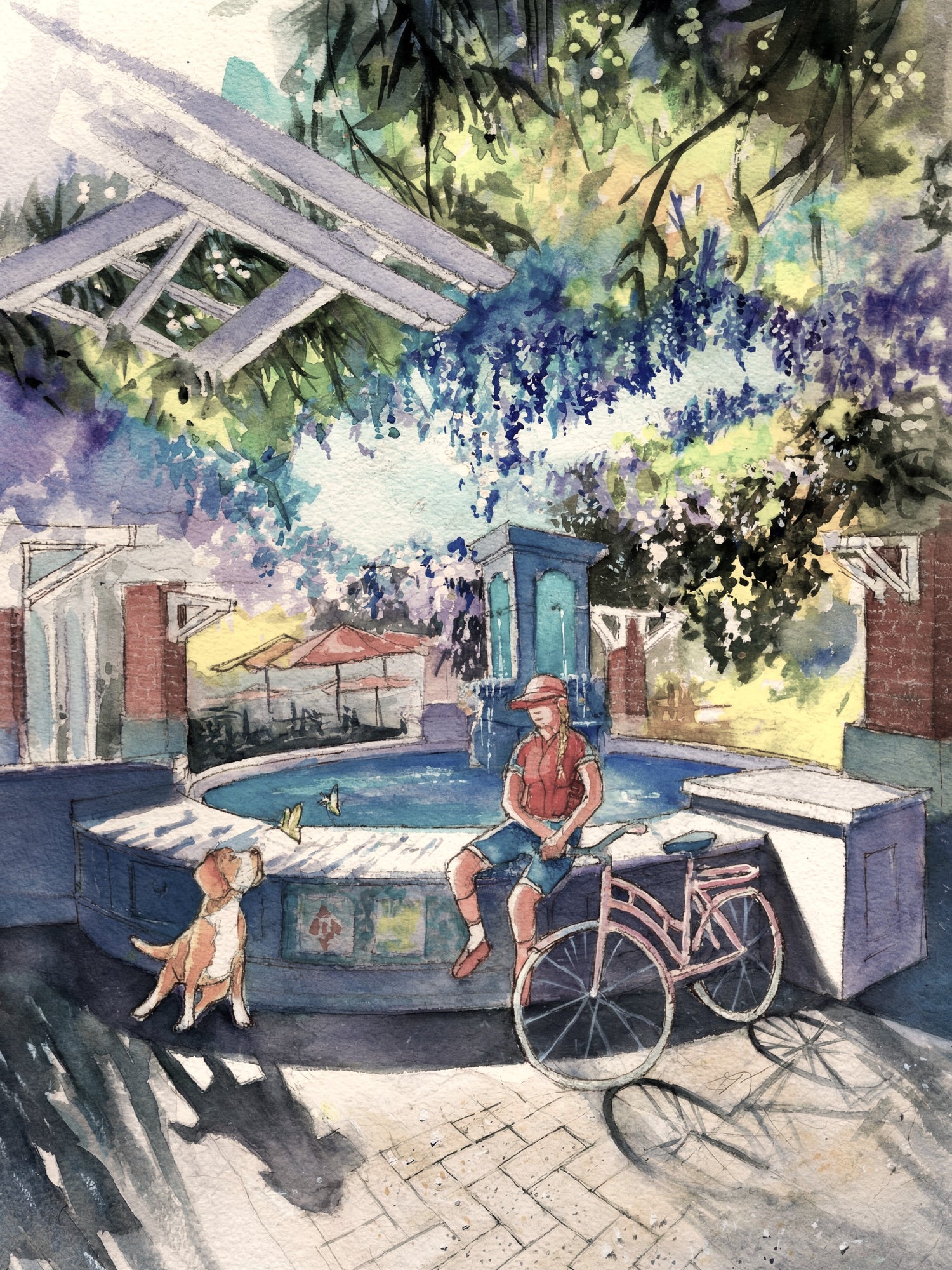 Watercolor painting of the Winter Garden fountain under wisteria with a cyclist, dog, and butterflies in downtown Winter Garden, Florida.