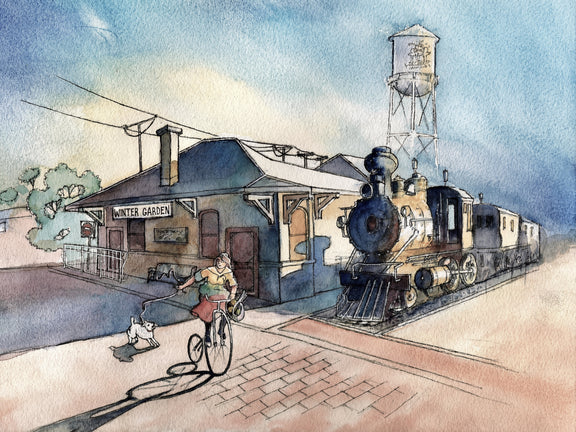 Watercolor painting of the Winter Garden train station in Florida with a vintage steam locomotive, water tower, and a cyclist walking a dog