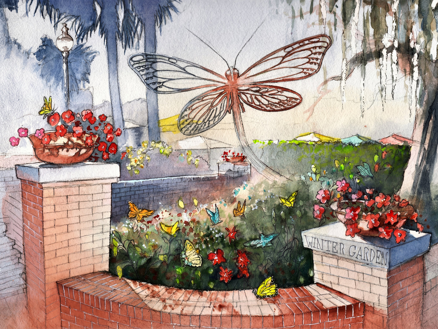 Watercolor painting of the butterfly sculpture in Winter Garden, Florida, surrounded by flowers and brick garden walls