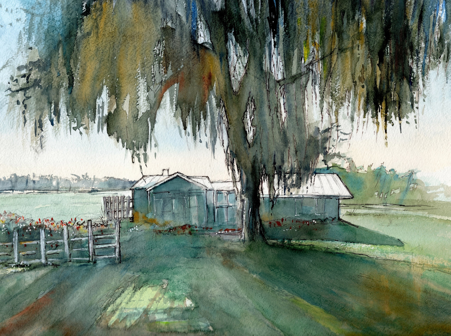 Watercolor landscape of a large century-old tree with hanging foliage and two small waterfront cottages in soft green and blue tones.