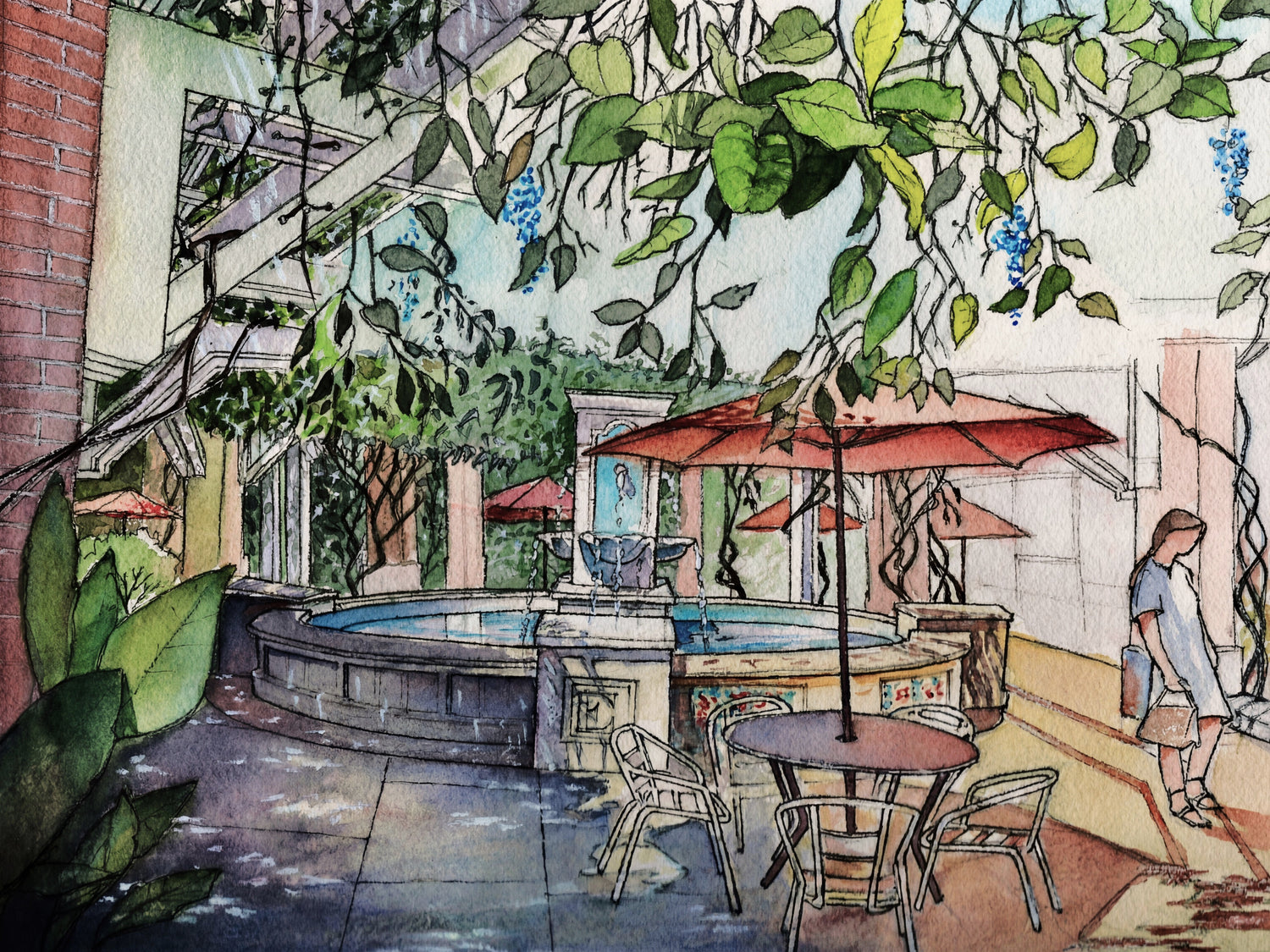 Watercolor painting of a courtyard fountain in downtown Winter Garden, Florida with greenery and café seating