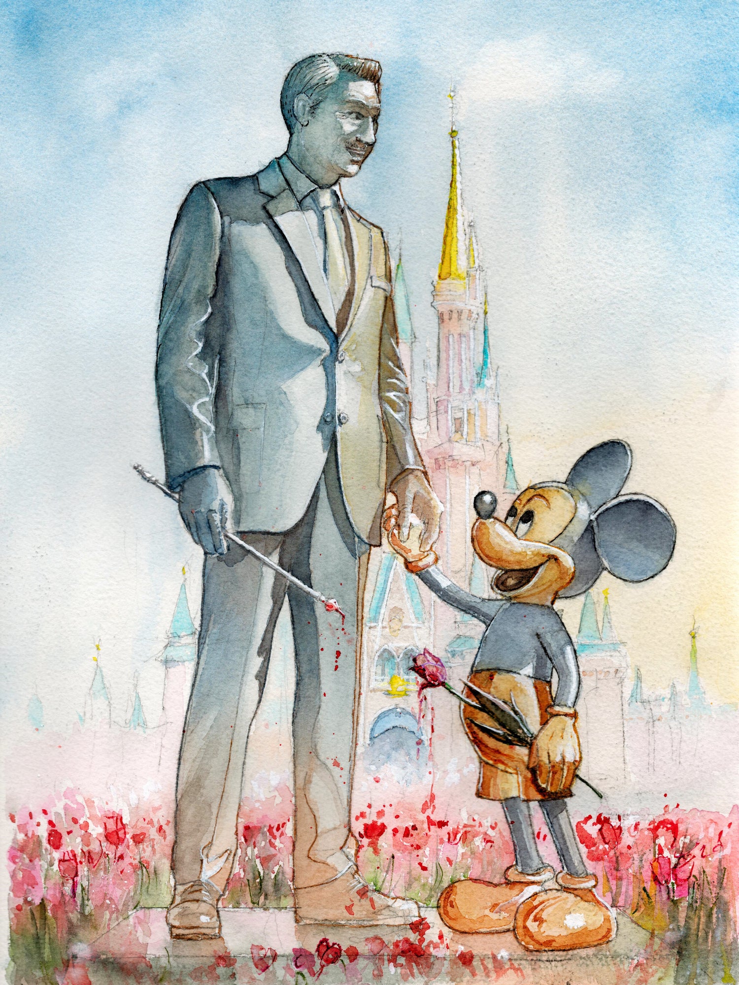 Watercolor painting depicting a symbolic creator and an imaginative character in front of a dreamlike castle, celebrating creativity and artistic legacy