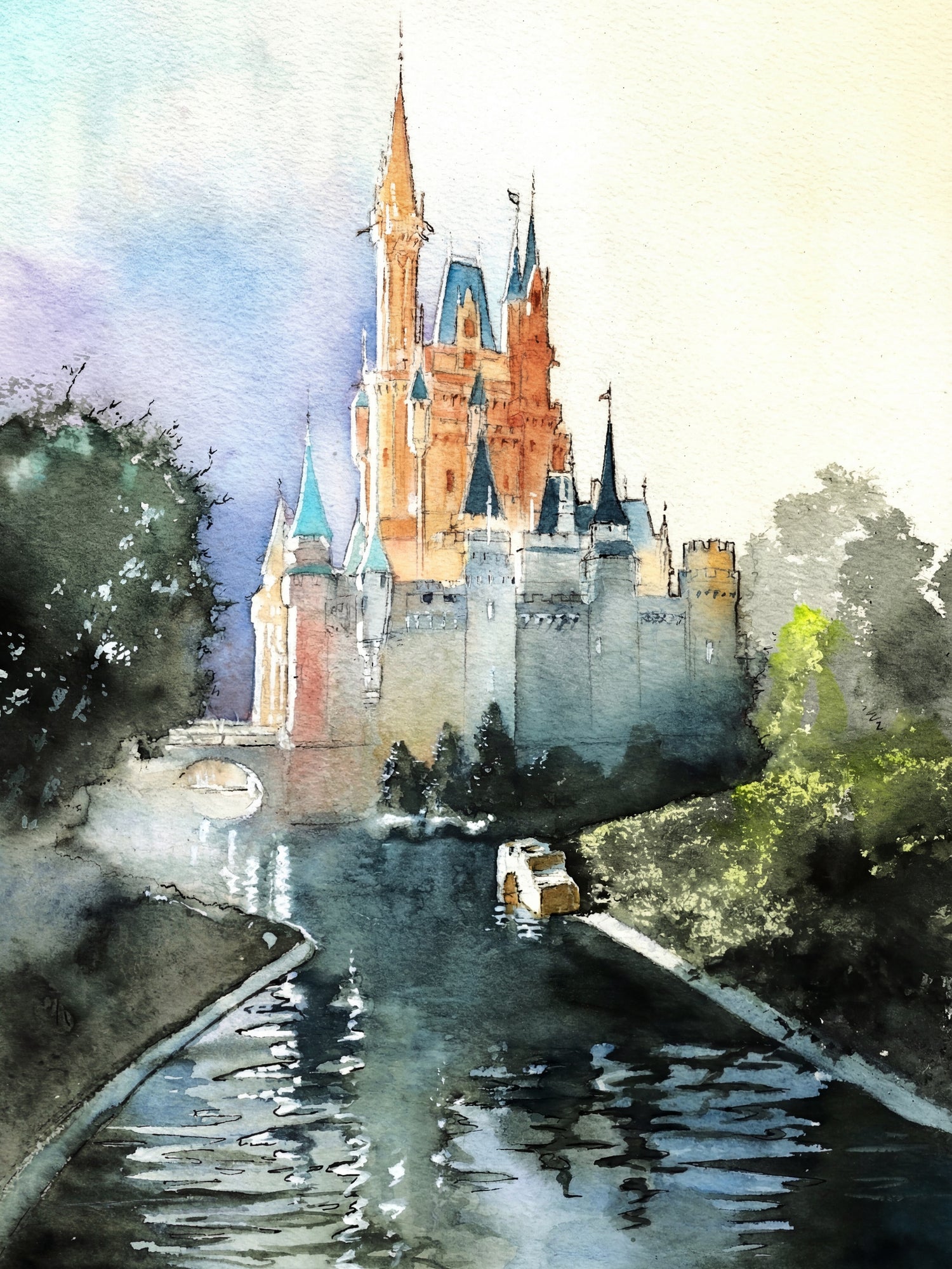 Watercolor painting of a fairytale-style castle reflected in a calm river, surrounded by trees and soft light, painted in a loose and atmospheric style.