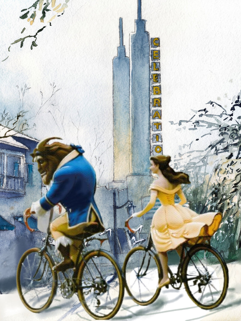 Whimsical watercolor painting of storybook-inspired figures riding bicycles near the Celebration Florida theater tower