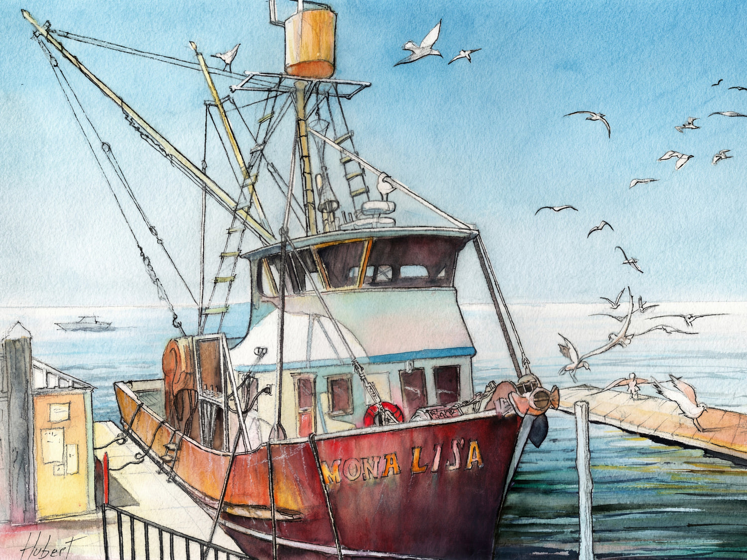 Watercolor art print of the fishing boat “Mona Lisa” docked at a marina with rigging lines, seagulls in the sky, and calm blue ocean water