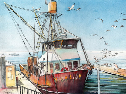 Watercolor art print of the fishing boat “Mona Lisa” docked at a marina with rigging lines, seagulls in the sky, and calm blue ocean water