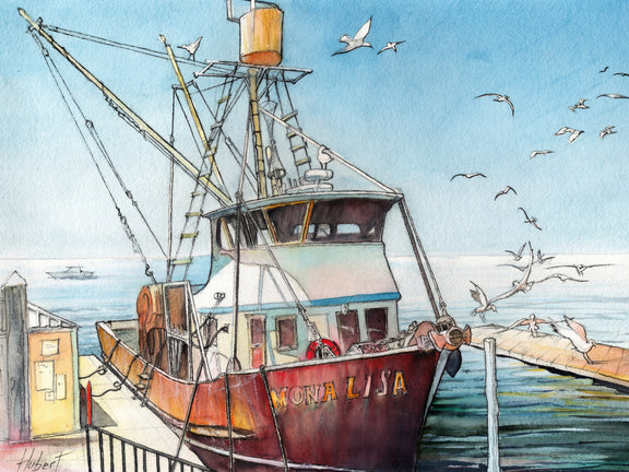 Watercolor art print of the fishing boat “Mona Lisa” docked at a marina with rigging lines, seagulls in the sky, and calm blue ocean water