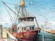 Watercolor art print of the fishing boat “Mona Lisa” docked at a marina with rigging lines, seagulls in the sky, and calm blue ocean water