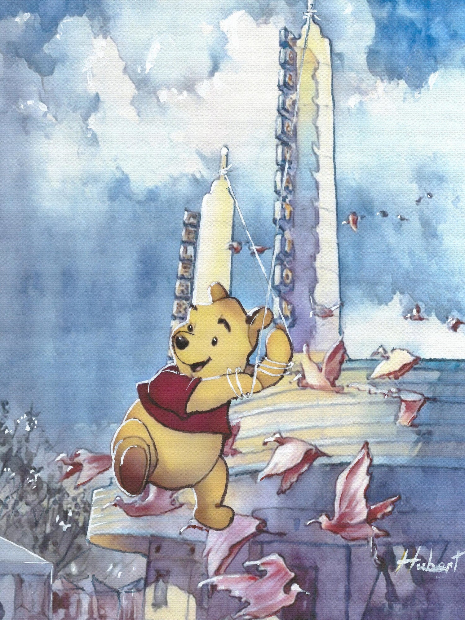 Whimsical watercolor painting of a flying bear above Celebration Florida with iconic towers and birds, dreamlike and playful atmosphere.