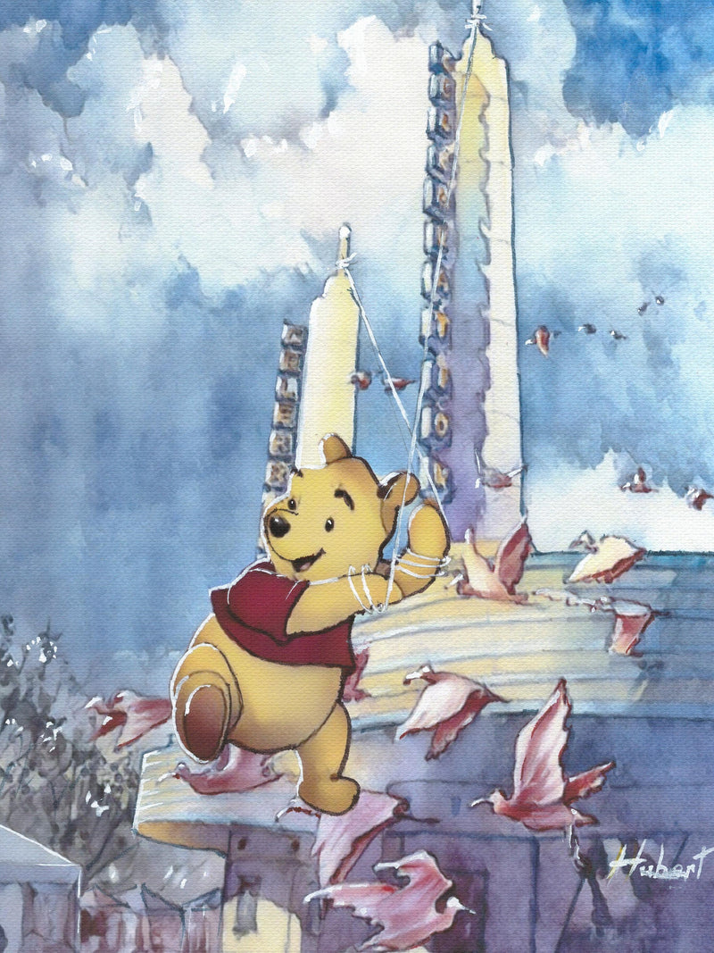 Whimsical watercolor painting of a flying bear above Celebration Florida with iconic towers and birds, dreamlike and playful atmosphere.