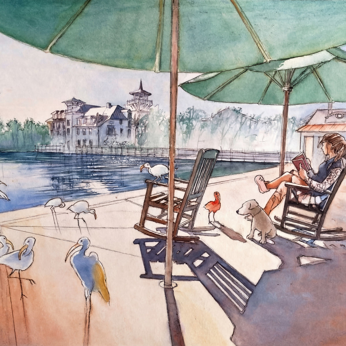 Watercolor painting of a lakeside scene in Celebration Florida with birds, parasols, and a woman reading by the water