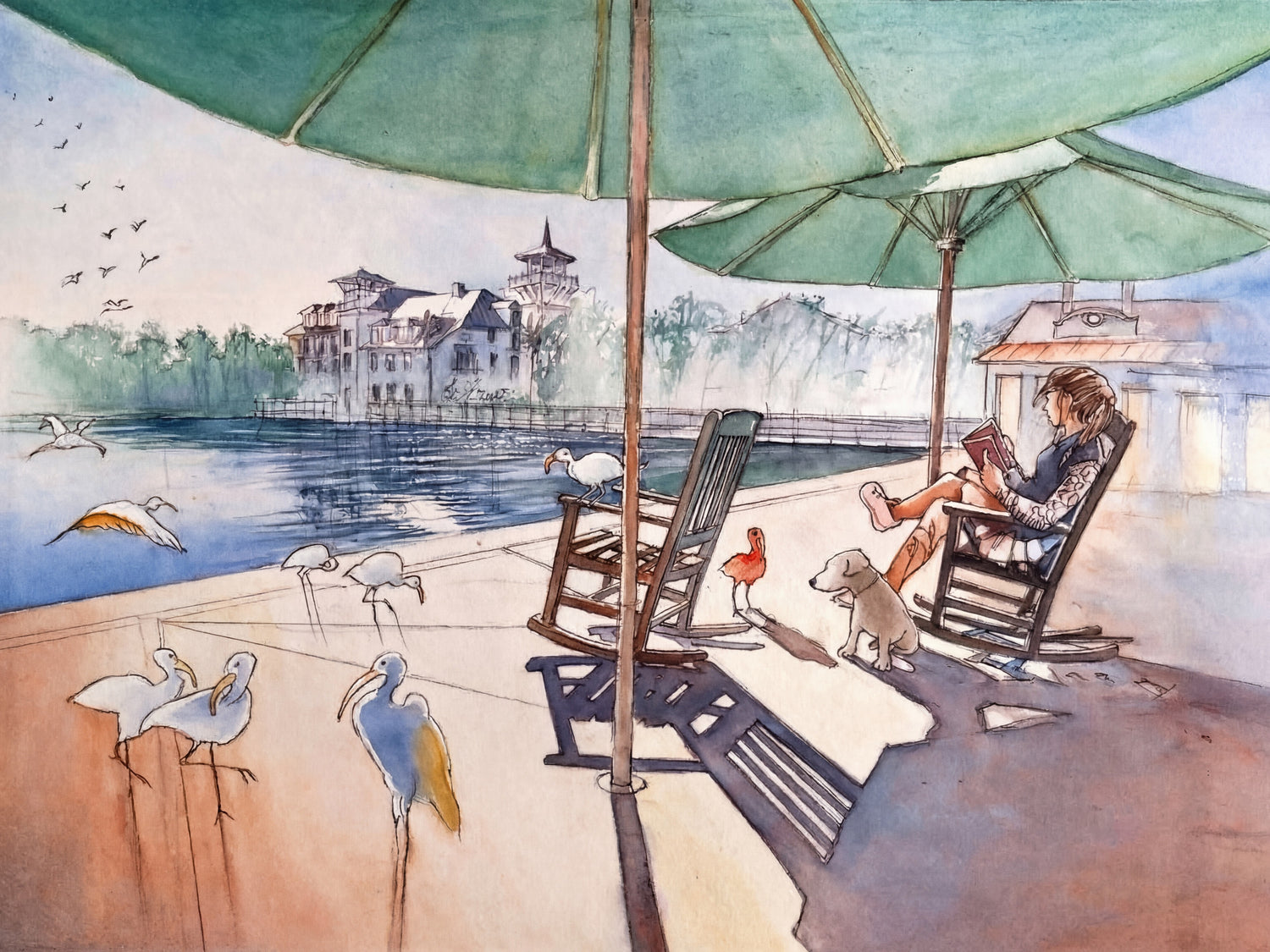 Watercolor painting of a lakeside scene in Celebration Florida with birds, parasols, and a woman reading by the water
