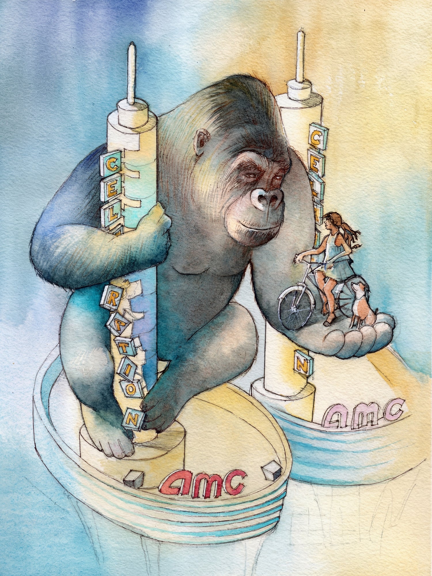 Whimsical watercolor painting of a gentle giant inspired by cinema overlooking Celebration Florida with a girl on a bicycle, dreamlike and poetic scene